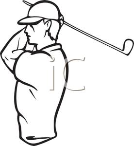 Black And White Cartoon Of A Man Swinging A Golf Club   Royalty Free    