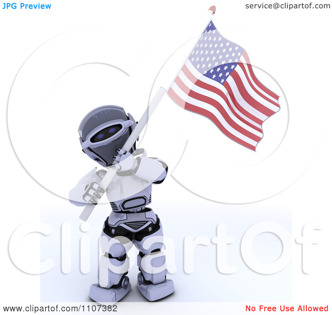 Clipart 3d Patriotic Robot Wearing A Top Hat And Waving An American    