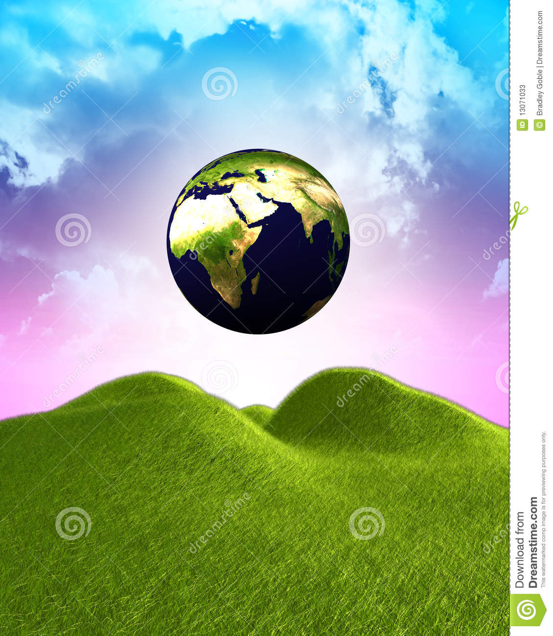 Glowing Earth Floating Amongst A Hilly Green Valley 