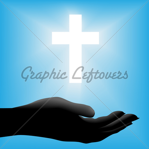 Held Out Beneath Radiant Glowing White Cross On A Blue Background