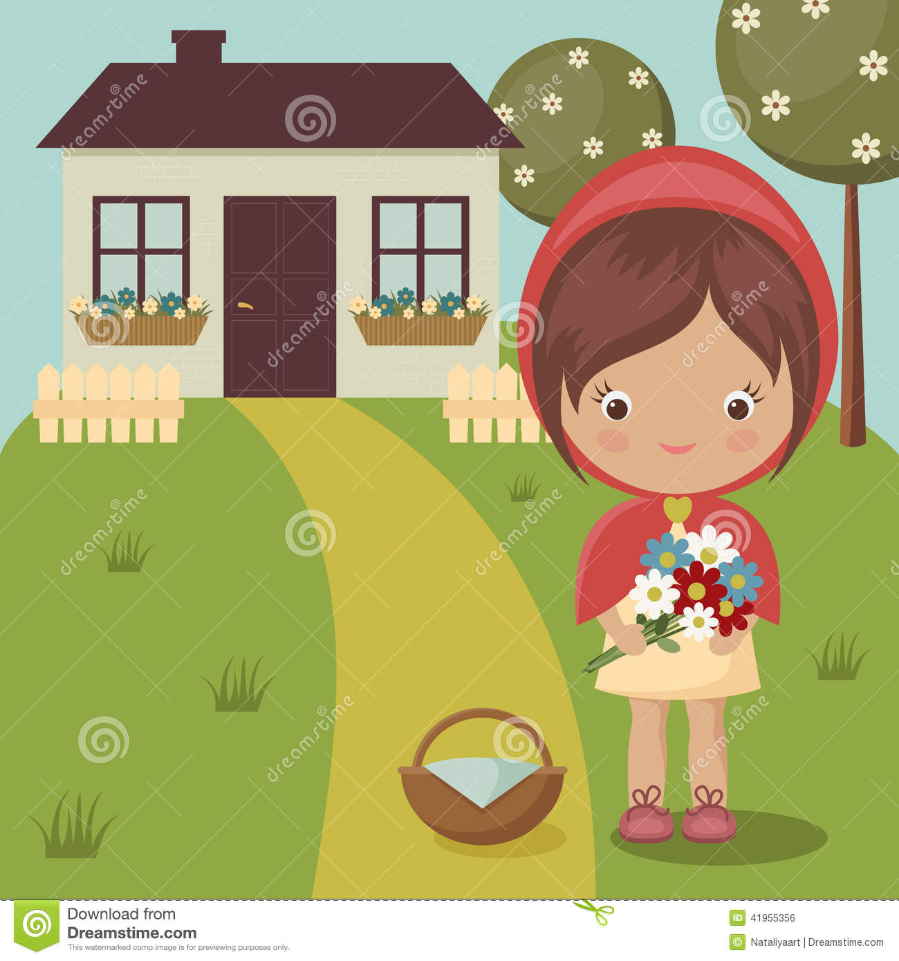     Red Riding Hood Close To Grandma S House With Flowers And Basket