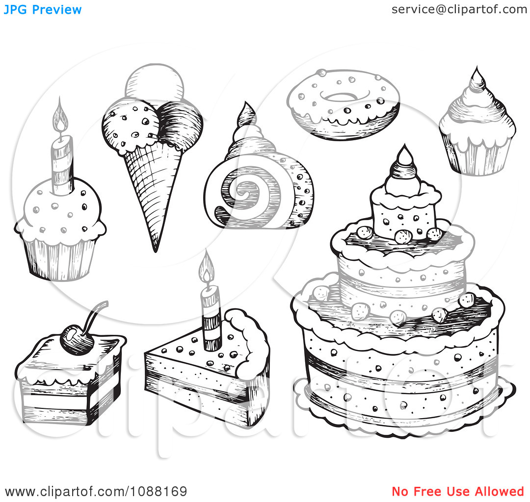     Black And White Clipart Black And White Sketched Birthday Cakes Ice