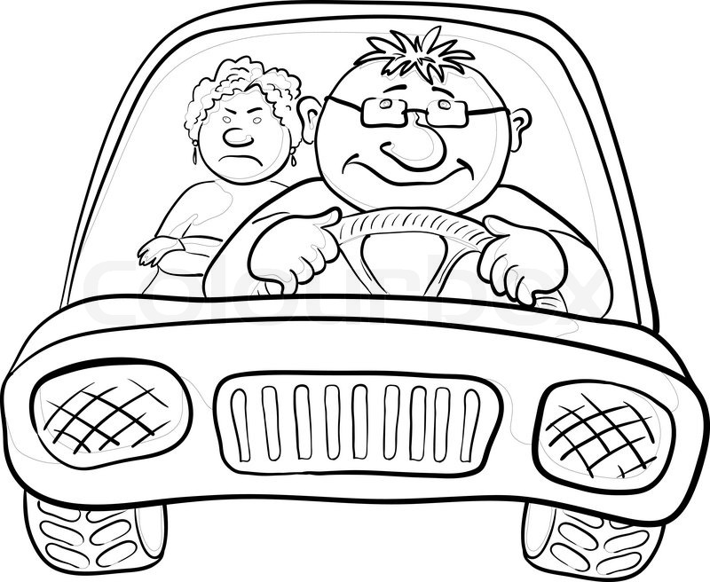Cartoon Car With A Man Driver And Passenger Woman Contours Vector