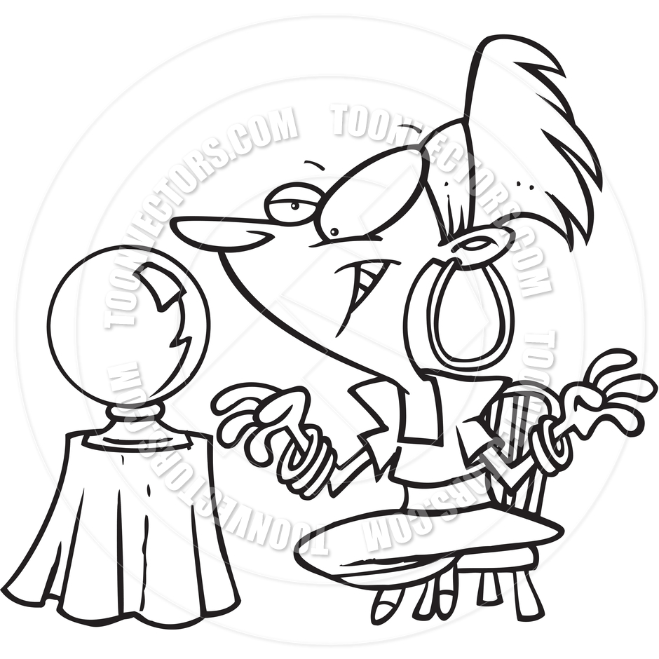 Cartoon Gypsy Fortune Teller  Black And White Line Art  By Ron