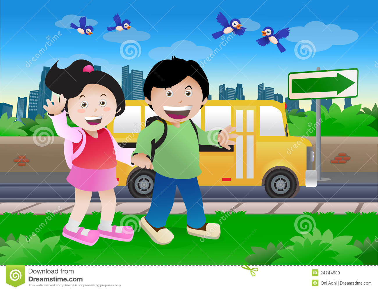 Illustration Of A Boy And Girl Go To School Together About To Ride A