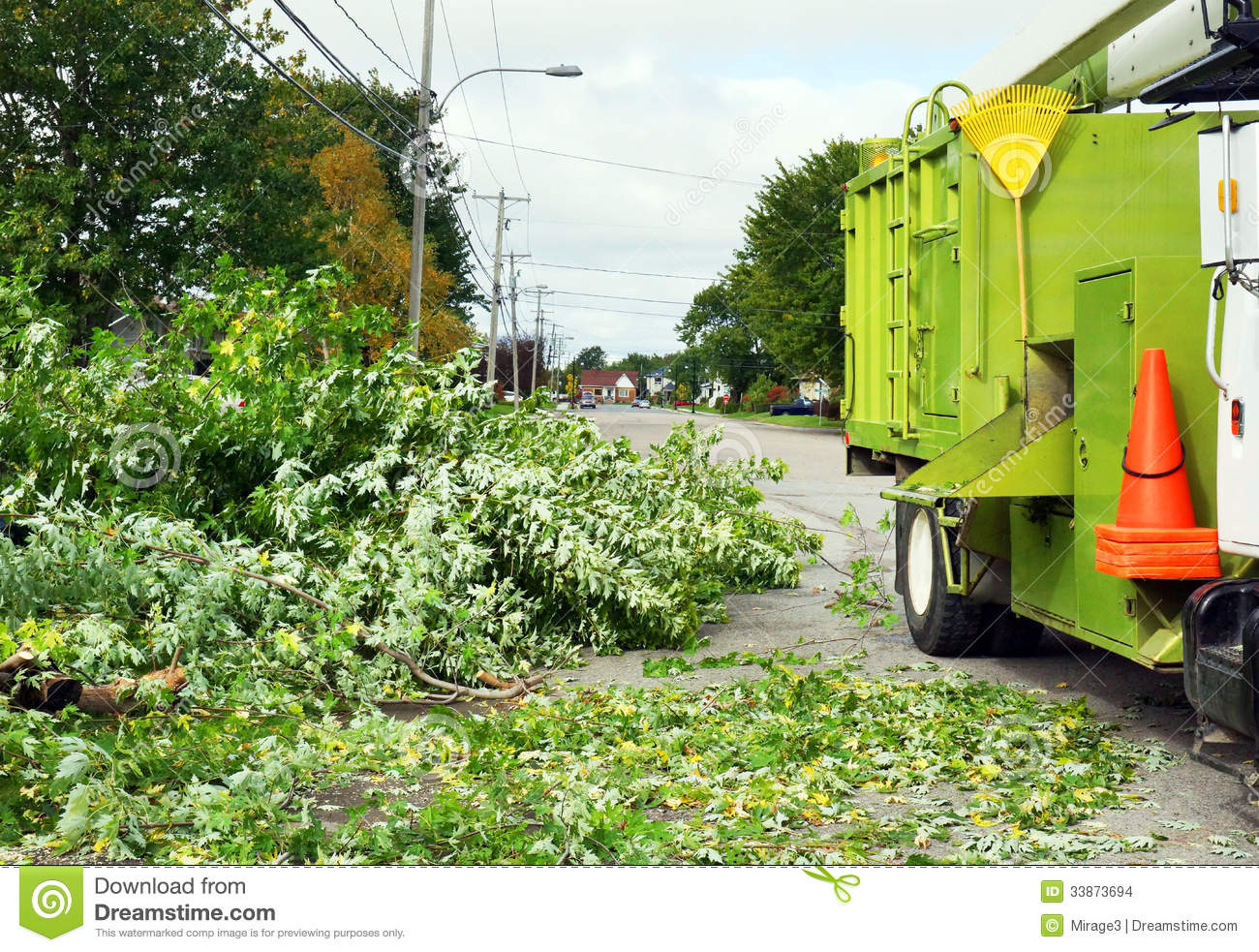 Wood Chipper Truck In The Street With Cut Down Tree Branches