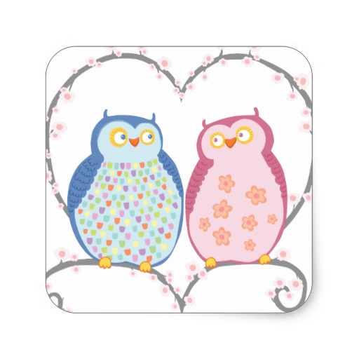 Cute Owls In Love Heart Pink Blue Clipart Square Sticker   Zazzle
