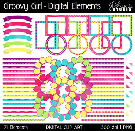 Digital Clipart Elements Groovy Girl Flowers Seventies Sixties Retro