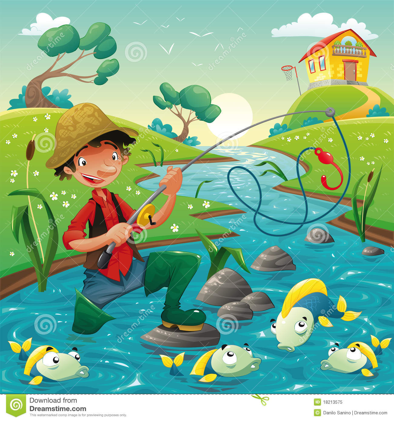 Fisherman And Fish In The River  Funny Cartoon And Scene Isolated    