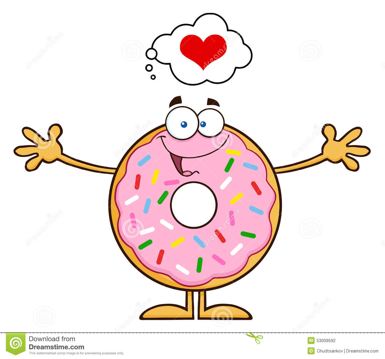 Funny Donut Cartoon Character With Sprinkles Thinking Of Love And    