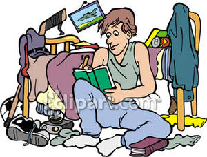 Guy Sitting In His Messy Bedroom   Royalty Free Clipart Picture
