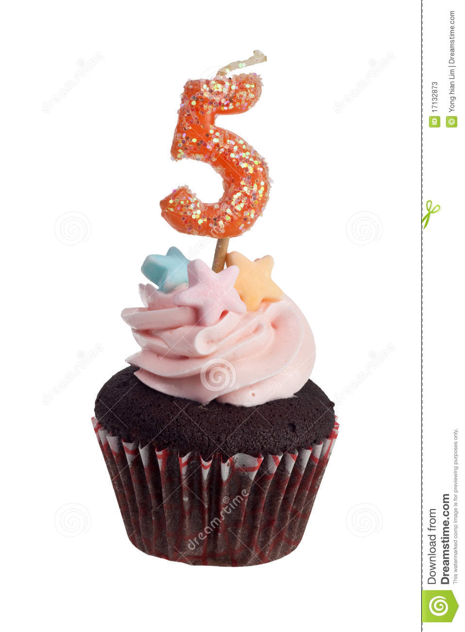 Mini Cupcake With Birthday Candle For Five Year Old Isolated On White    