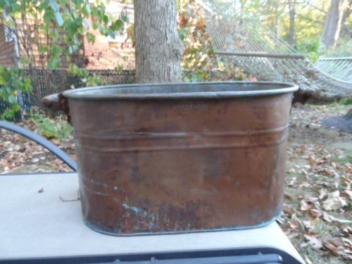 Vtg  Antique Copper Tub Boiler Wash Kettle Wood Handles Fireplace Sto