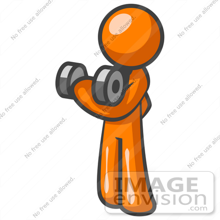 34338 Clip Art Graphic Of An Orange Guy Character Working Out His Arm