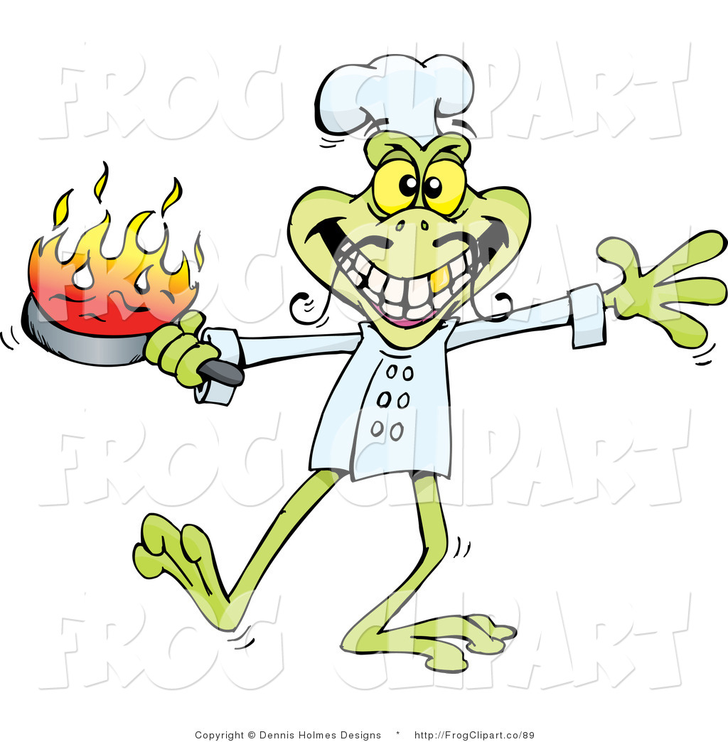Art Of A Leggy Green Frog Cook Holding A Flaming Pan While Cooking