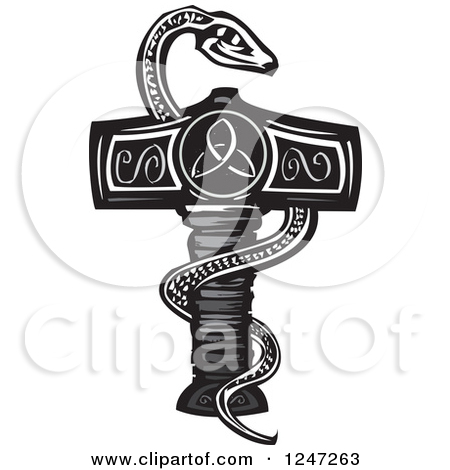Black And White Woodcut Snake On Thors Hammer