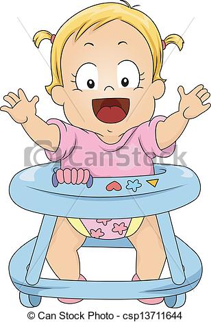 Vector Of Toddler Girl In Baby Walker   Illustration Of Happy Toddler