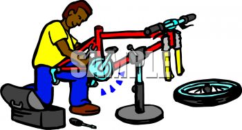 Man Fixing A Broken Bike   Royalty Free Clip Art Illustration