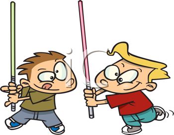 This Cartoon Of Two Boys Make Believe Sword Fighting Clipart Image    