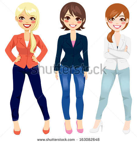 Three Beautiful Women Dressed In Smart Casual Fashion Clothing In