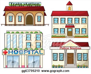 Vector Illustration   A Train Station A School A Police Station And