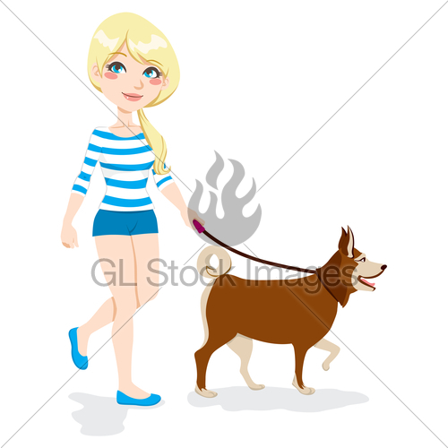 Young Pretty Blond Girl Walking With Dog