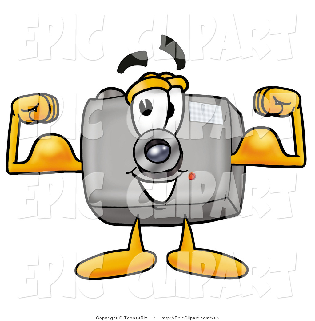 Clip Art Of A Strong Camera Mascot Cartoon Character Flexing His Arm