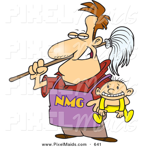 Clipart Of A Cartoon Stay At Home Dad Holding A Baby And A Broom By