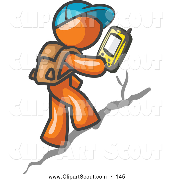 Clipart Of A Geocaching Orange Man Hiker Using A High Tech Gps Device