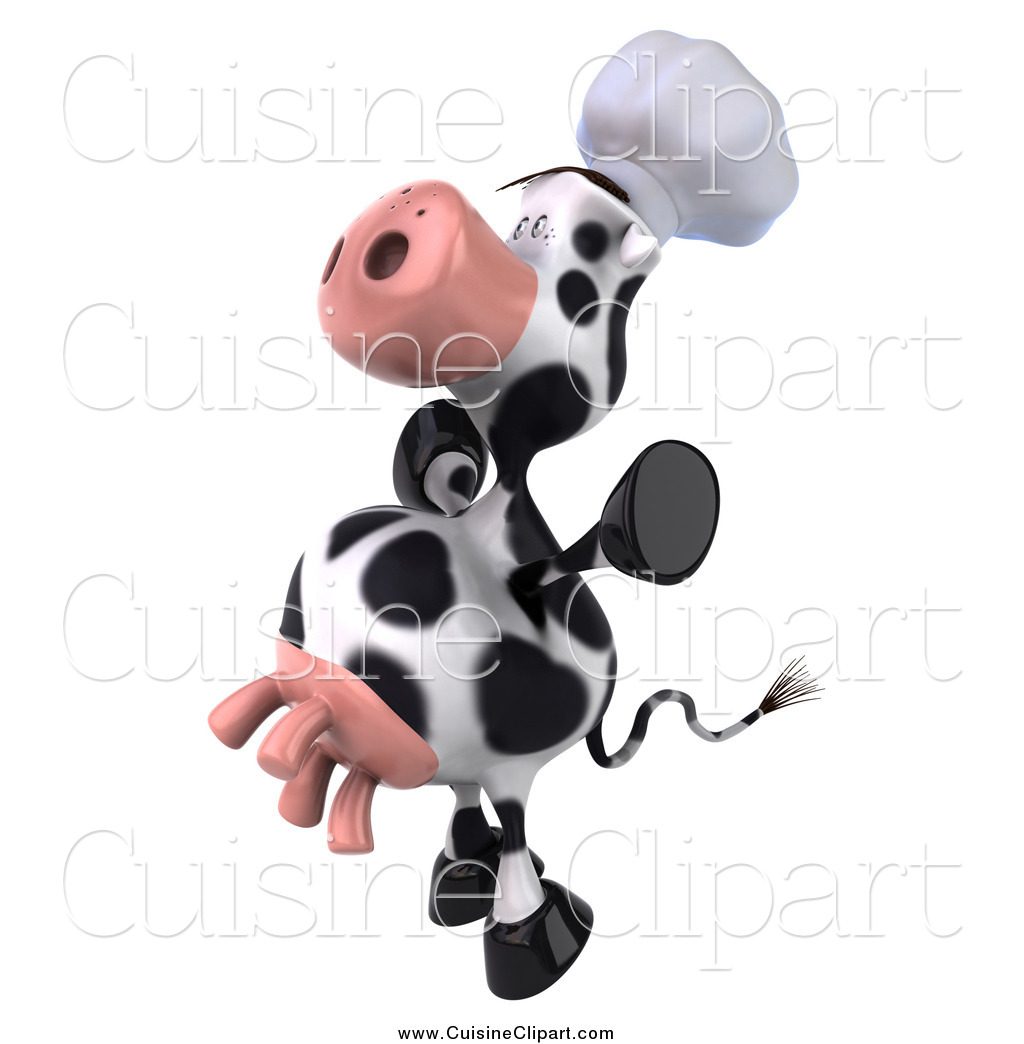 Cuisine Clipart Of A 3d Excited Chef Cow Jumping By Julos    16934