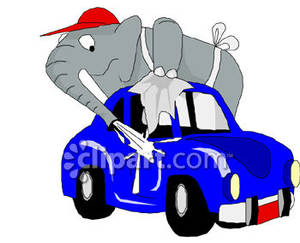 Elephant Washing A Blue Car   Royalty Free Clipart Picture