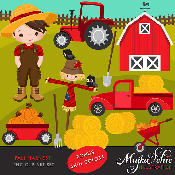 Fall Harvest Clipart  Cute Farmer Characters Tractor Red Barn