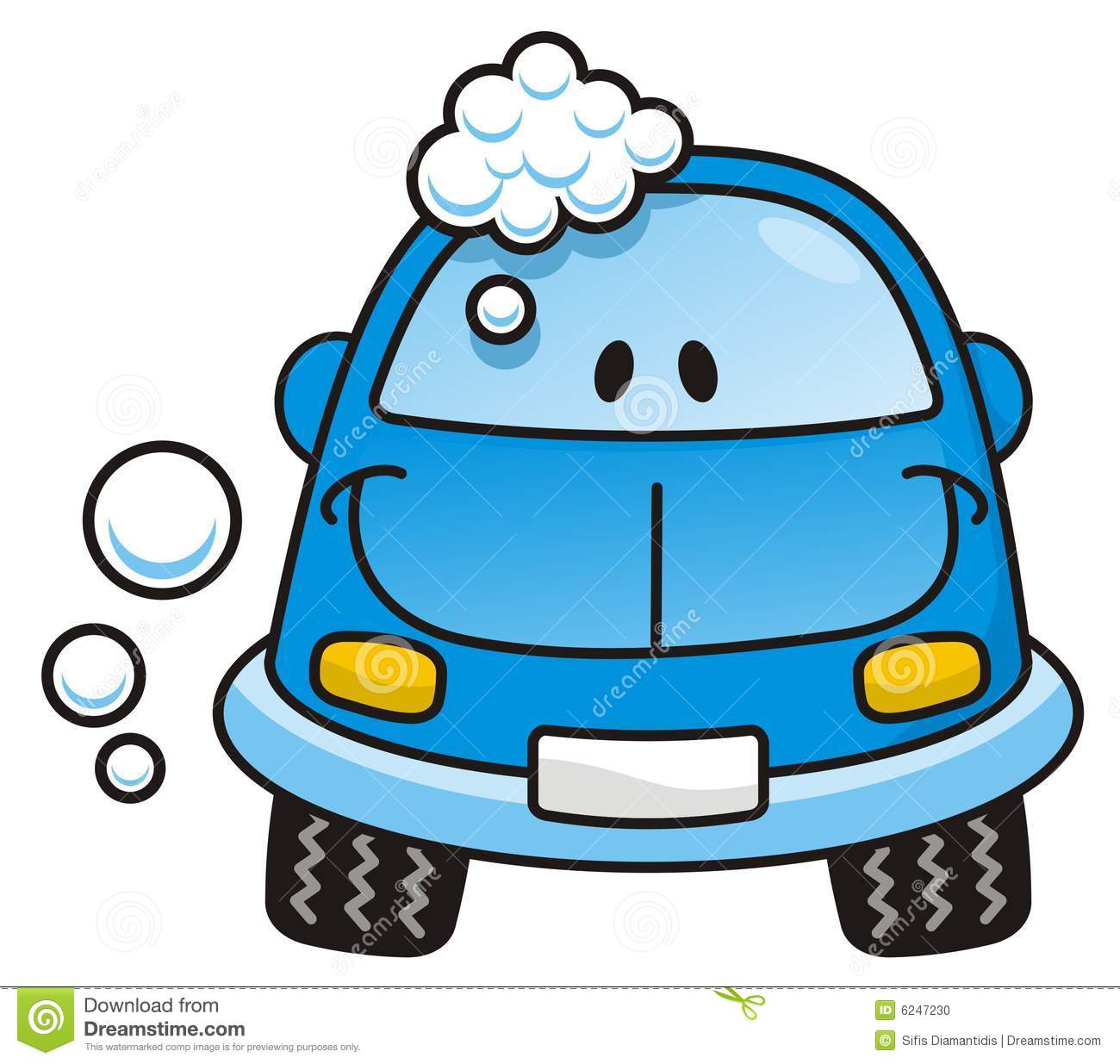 Happy Blue Cartoon Car Washing With Soap Bubbles 