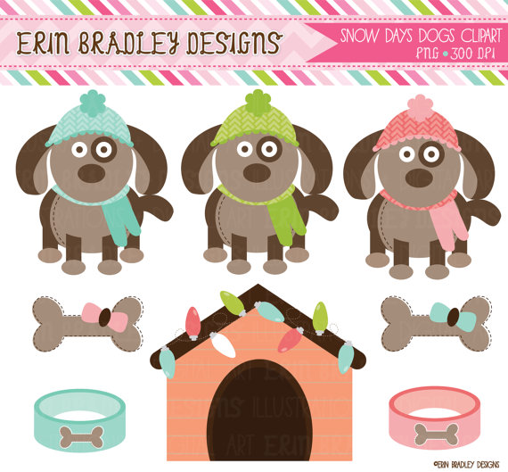 Winter Dogs Clipart Graphics With Dog House   Bones Bowls And Treats