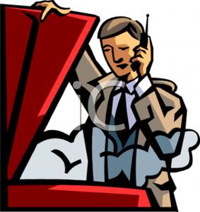 With Car Trouble Talking On The Phone   Royalty Free Clipart Picture