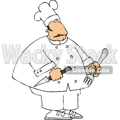 Overweight Male Restaurant Chef Holding A Fork And Knife Clipart