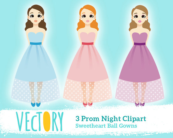 Party Evening Dress Clipart Set Sweetheart Prom Night Ball Gown Girls    