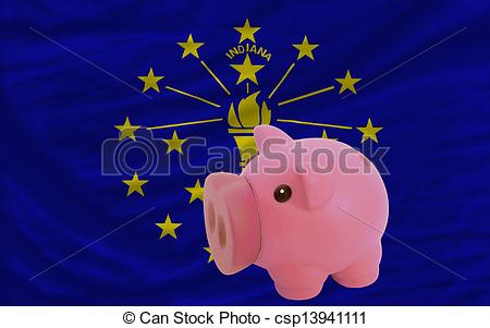 Piggy Rich Bank In Front Of Flag Of Us State Of Indiana Symbolizing    
