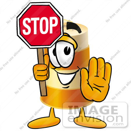 Road Safety Barrel Cartoon Character Holding A Stop Sign By Toons4biz