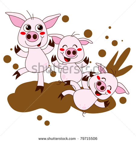 Three Funny Pig Cartoon Characters Having Fun Playing On Dirty Mud