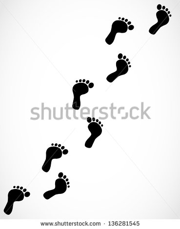 Trail Of Black Human Bare Footsteps Isolated On White Background    
