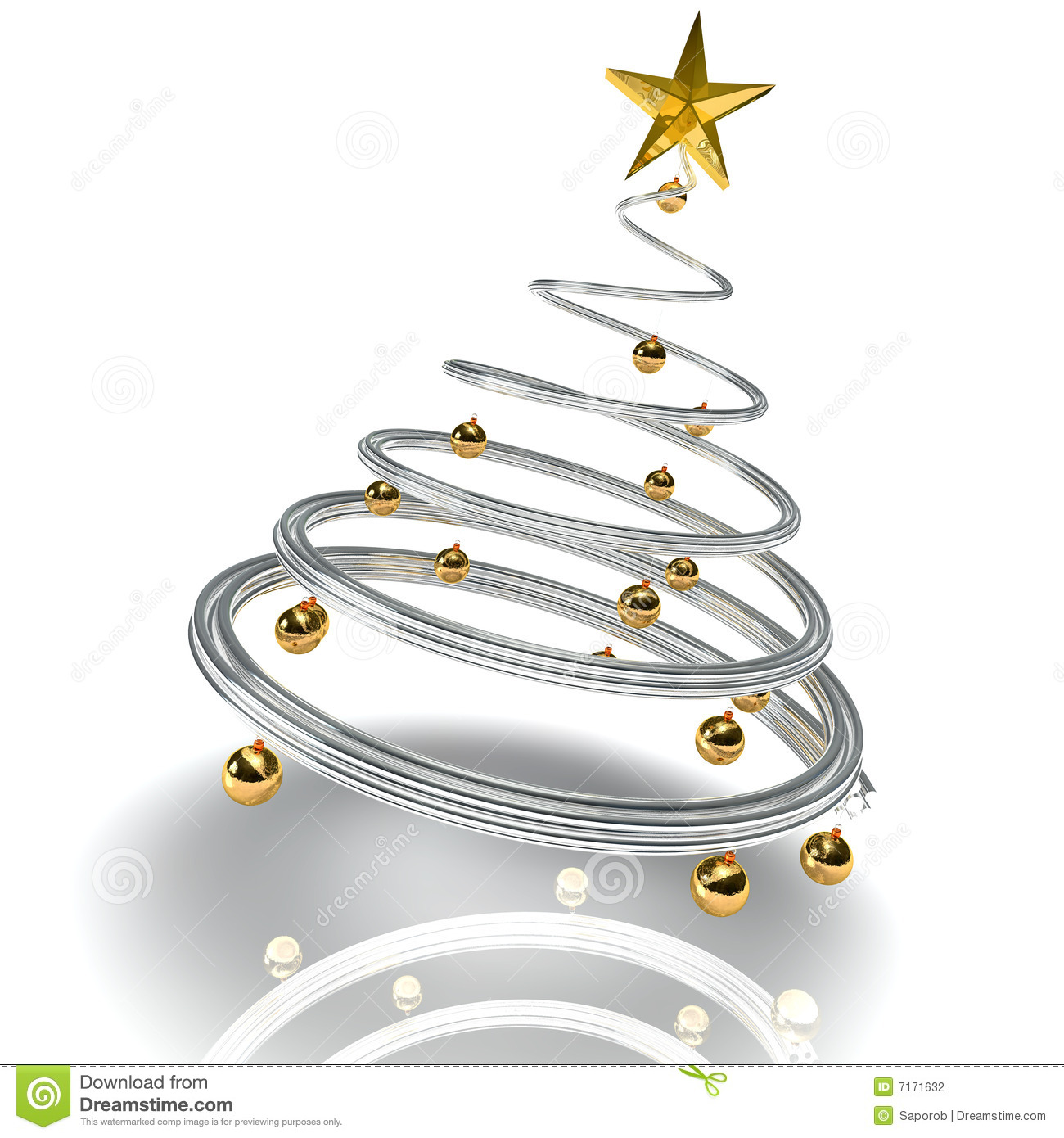 3d Modern Christmas Tree Isolated With Golden Balls And Star On Wwhite