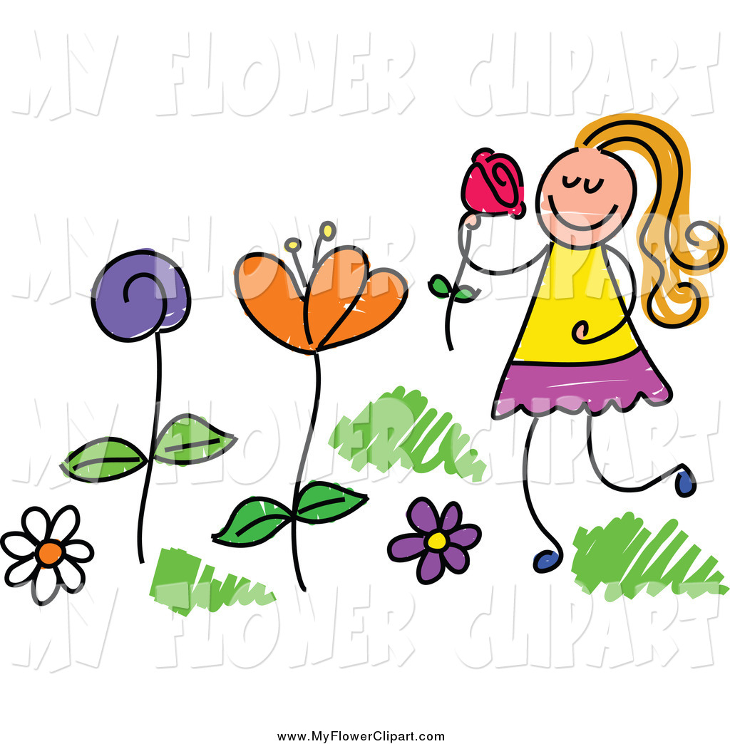 Clip Art Of A Happy Girl Picking And Smelling Flowers In A Garden By