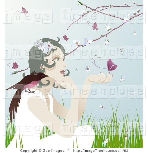 Clipart Of A Pretty Gentle Woman With A Bird On Her Shoulder And A