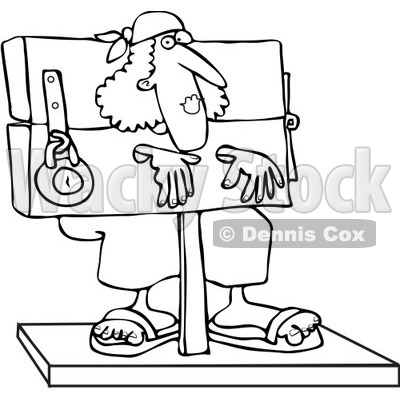 Clipart Outlined Woman Locked In Stocks   Royalty Free Vector