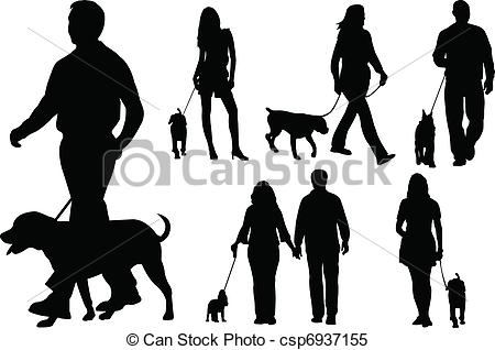 Clipart Vector Of People Walking Dogs Silhouettes   Vector Csp6937155