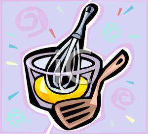 Colorful Cartoon Mixing Bowl Whisk And Spatula Royalty Free Clipart