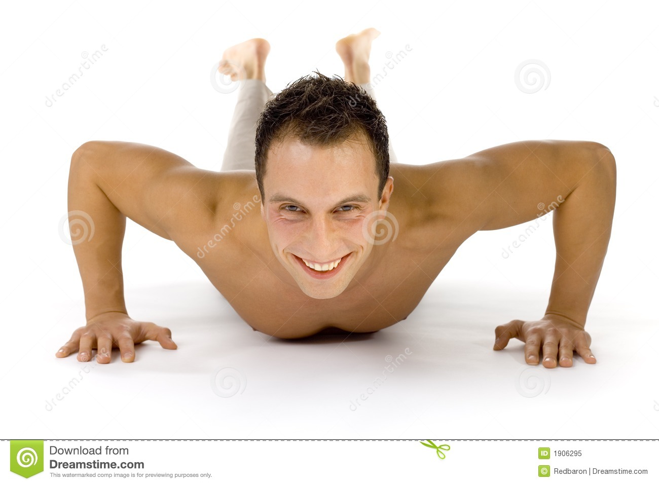 Young Happy Man Doing Push Up Exercise  White Background In Studio