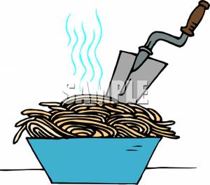Bowl Of Spaghetti With A Shovel   Royalty Free Clipart Picture