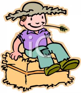 Boy Sitting On A Bale Of Hay   Royalty Free Clipart Picture